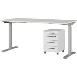 Büromöbel-Set GERMANIA "Agenda", silber (lichtgrau, silber), elektrisch höhenverstellbar Schreibtisch Breite 160cm, Spanplatte, Metall, Kunststoff, Arbeitsmöbel-Sets, Set bestehend aus höhenverstellbarem Schreibtisch und Rollcontainer