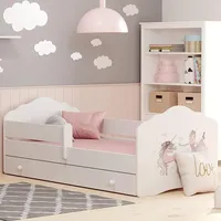 Kids Collective Kinderbett 80x160 cm mit Matratze und Schublade, Lattenrost & Rausfallschutz Bett für Kinder Bett Bed Rausfallschutz Kinderbett Einzelbet... - weiß mit Pferd Motiv