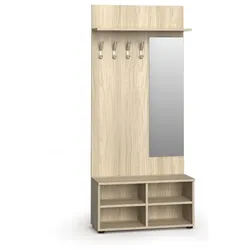 Garderobenwand PRIMO WOOD, Schuhregal + Spiegel, 4 Haken, Ablage, Eiche natur