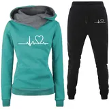 PW TOOLS Damen Trainingsanzug Set 2-Teilig Damen Casual Sportswear Set Heartbeat Print Hoodie Jogginganzug Damen Set Trainingsanzug Damen Kapuzenpullover Sporthose Set - L