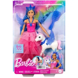 Mattel Barbie Einhorn-Spielzeug, Puppe zum 65. Jubiläum mit blauen Haaren, pinkfarbenem Kleid und Haustier-Einhorn