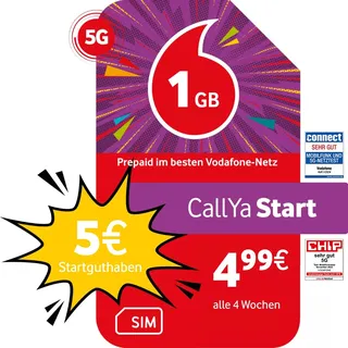 Vodafone Prepaid CallYa Start | 1 GB | 5 EUR Startguthaben | ohne Vertrag | 5G-Netz | 100 Min/SMS | EU-Roaming