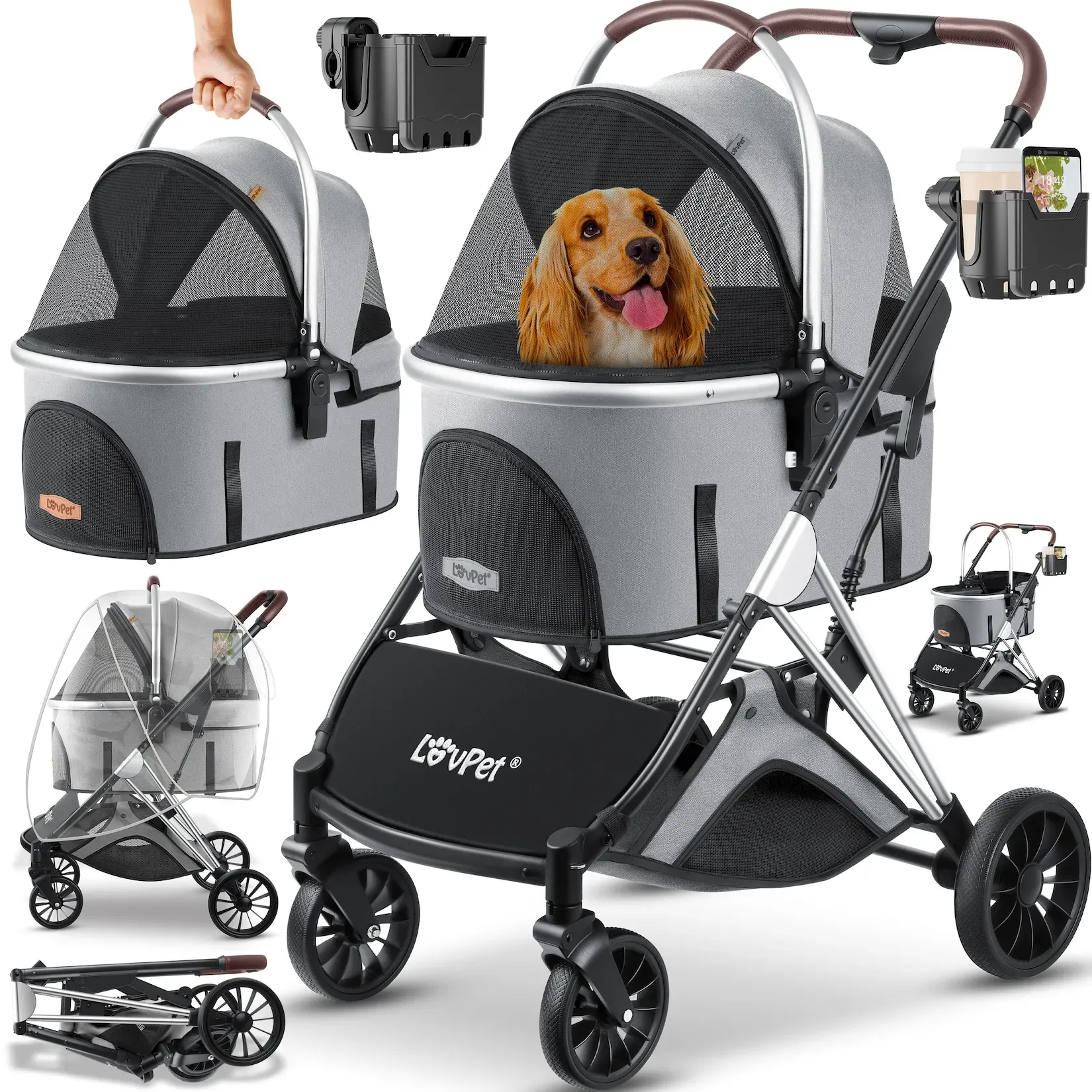 LOVPET® Hundewagen 3in1 Hundebuggy bis 32kg Hundebox Transporttasche faltbar klappbar Große Räder Netzfenstern Regenschutzabdeckung Becherhalter Kuscheldecke Katzenbuggy Jogger Buggy für Haustiere