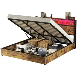Merax 180*200cm Flachbett, farbwechselnde LED-Umgebungsbeleuchtung, 24-Tasten-Fernbedienung, großer Stauraum im Bettkasten, braun