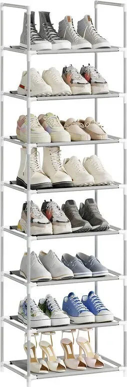 WOLTU Schuhregal – 8-stufiger Schuh-Organizer mit schmalem Regal für Flur/Wohnzimmer/Korridor, Metallrahmen, kompakte und abnehmbare Regalböden, 41x28x140 cm, Grau