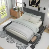 Zenithpath Bett 140×200cm Bett mit Stauraum und 4 Metall Schubladen, Polsterbett/Doppelbett/Metallbett mit Stabiler Bettrahmen Funktionsbett mit Kopfteil und Lattenrost Leinen ohne Matratze Grau
