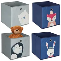 Relaxdays 4er Set, Kinder Aufbewahrungsboxen, süße Tier-Motive, Faltbox für