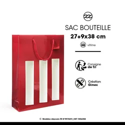 Tasche für 3 Flaschen mit Fenster aus rotem Glanzpapier mit Kordelgriffen je 100 - Gimex