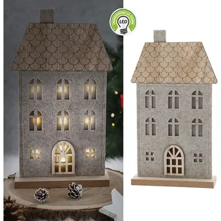 Cepewa LED Haus auf Holzfuss Polyesterfilz 17x30x5cm 9 LEDs batteriebetrieben Timerfunktion Leuchthaus Dekohaus | Grau