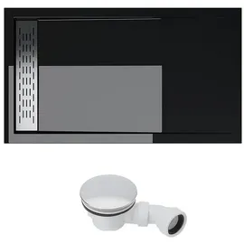 doporro - Duschtasse Duschwanne 80x140x5cm Flach Aus Acryl In Schwarz Rechteckig Inkl. Ablaufgarnitur Al02 Din-anschlüsse Für Bodenebene Montage Geeignet Xetro04