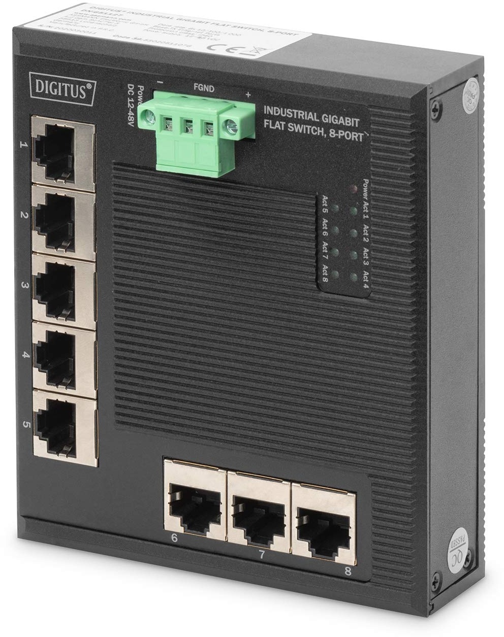 DIGITUS Flat Netzwerk-Switch - 8-Port Gigabit Ethernet - DIN-Rail Montage - Klemmleiste - Lüfterlos - Schwarz