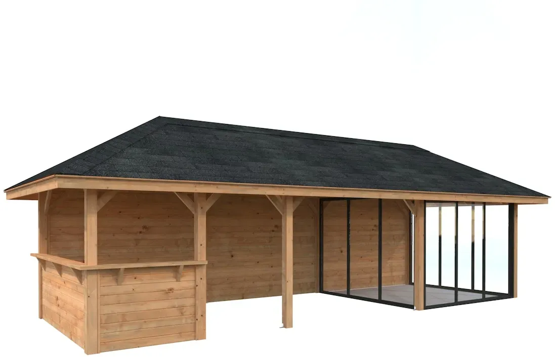 Palmako Pavillon Bianca 24,9 m2 Set 516 Slide Plus mit Isolierglas-Schiebetüren Hellbraun tauchgrundiert