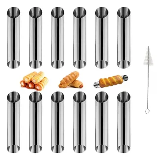 AIZHAZHA Cannoli Formen, 12 Stück Edelstahl Cannoli Ciciliani Backform Röhrchen, 12.5 cm Schaumrollen Croissant Form Antihaft, Schaumrollenformen, Schillerlockenform, Backzubehör mit Reinigungsbürste
