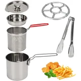 Frittiertopf Edelstahl, 1.2L Mini Fritteuse mit Frittierkorb und Sieb, Fettbehälter Ölfiltertopf mit Deckel Clip und Herdrost, Kleine Japanische Sparfritteuse für Pommes, Fisch, Hühnerflügel