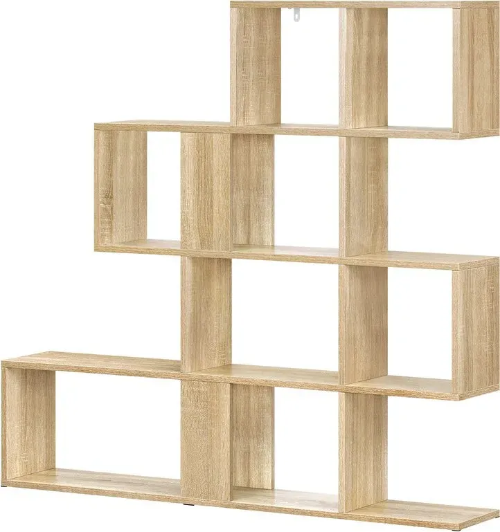 eSituro 4-stufiges Bücherregal, Raumteiler-Regal mit 11 offenen Fächern, freistehendes Treppenregal, Standregal, Stufenregal, für Wohnzimmer, Schlafzimmer, Büro, 115x109.5x19.5 cm, Eiche Hell