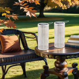 Marrakesch Orient & Mediterran Interior Marrakesch 2er Set Solarlaternen Solarlampen für außen mit Henkel aus Metall 30cm Groß | Boho Deko Outdoor Solar LED Laterne Wetterfest Bamba Weiss IP65 Wasserdicht als Gartendeko im Garten