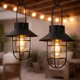 Festive Lights 2er Set 21cm Solar Hängeleuchte für den Außenbereich Schwarz Solarlaterne für außen hängend Shabby Chic Deko Solarbetriebene Laterne Vintage Beleuchtung (2, Schwarz)