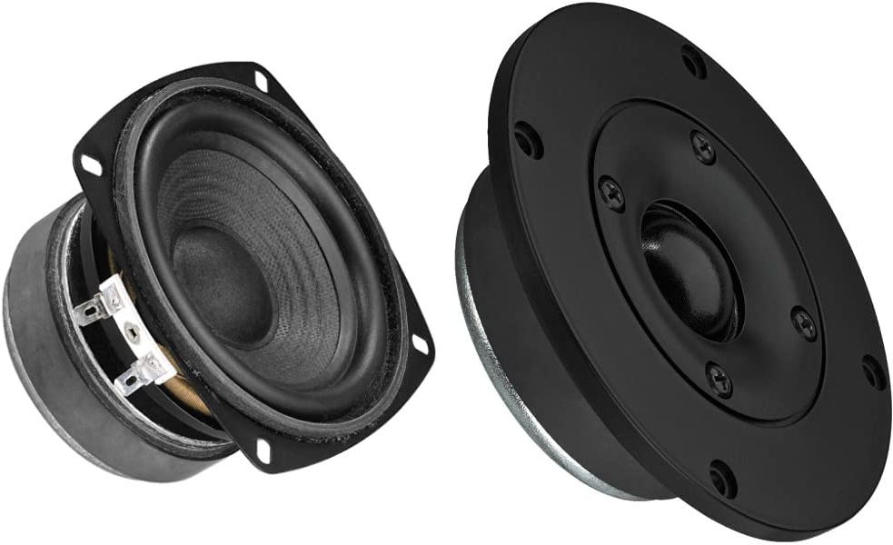 MONACOR SP-100/8 Hi-Fi Tiefmitteltöner, Bass Speaker mit Stabiler Papiermembran & DTM-104/8 Hi-Fi-Kalottenhochtöner, leistungsstarker Hochtonlautsprecher in rundem Design 45 W, 8 Ohm, in Schwarz