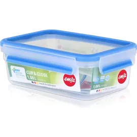 Emsa Clip & Close Frischhaltedose rechteckig, 1 L, mit Deckel, Aufbewahrungsbox, 100 Prozent dicht, spülmaschinen-, gefrier-, mikrowellenfest, Transparent, Blau,