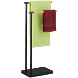 Relaxdays Handtuchhalter stehend, Handtuchständer mit 2 Stangen, für Hand- & Badetücher, Edelstahl, Bambus, schwarz
