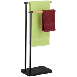 Relaxdays Handtuchhalter stehend, Handtuchständer mit 2 Stangen, für Hand- & Badetücher, Edelstahl, Bambus, schwarz