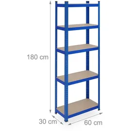 Relaxdays Schwerlastregal, HBT 180x60x30 cm, bis 500 kg, 5 Ebenen, Keller, Garage, Lagerregal zum Stecken, Stahl, blau