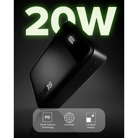 SBS Compact PowerBank, 20000mAh, 20W Power Delivery (PD 3.0 PPS), AFC, Powerbank mit Schnelllade, LCD-Display, USB-C, USB-A, tragbares Reiseladegerät, kompaktes Design, Schwarz