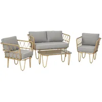 Gartenmöbelset Aus Böhmischem Rattan, Bestehend Aus 2-sitzer-sofa, 2 Sesseln Und Einem Beistelltisch Aus Glas.