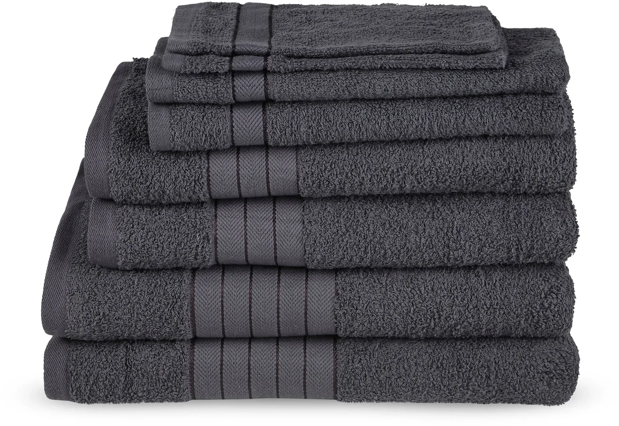 Handtuch Set EMOTION "Uni", grau (anthrazit), 8 St., 2 Badetücher-2 Gästetücher-2 Handtücher-2 Waschlappen 2 Badetücher 70x140cm, 2 Gästetücher 30x50cm, 2 Handtücher 50x100cm, 2 Waschlappen 17x25cm, Frottee, Frottee, Obermaterial: 100% Baumwolle, Handtücher (Packung), Baumwolle, Walkfrottee, Bordüre, 500 GSM, Einfarbig, ohne Aufhängung