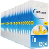 audibene Hörgerätebatterien Typ 10 gelb, Batterien für Hörgeräte 120 Stück Vorratspack, Made in Germany, Wireless Approved, quecksilberfrei