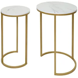 Mendler 2er-Set Beistelltisch HWC-K46, Kaffeetisch Nachttisch Loungetisch, Marmor-Optik MDF ~ weiß-gold