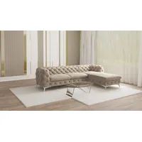 s-style möbel - Chesterfield Ecksofa Cleo mit Ottomane rechts und Silber Metall Füßen, aus Dunkle Creme Samtstoff, B/T/H: 305 cm/ 200 cm/ 75 cm