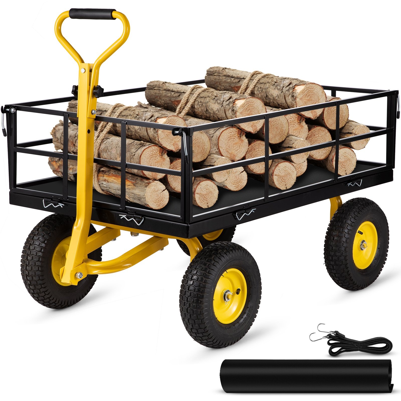 VEVOR Gartenwage 112x75x27,8cm Transportwagen 544kg Belastbar Gartenwagen Stahlrahmen Gummiräder Gerätewagen 82cm Griff Handwagen Gartenkarre 2m