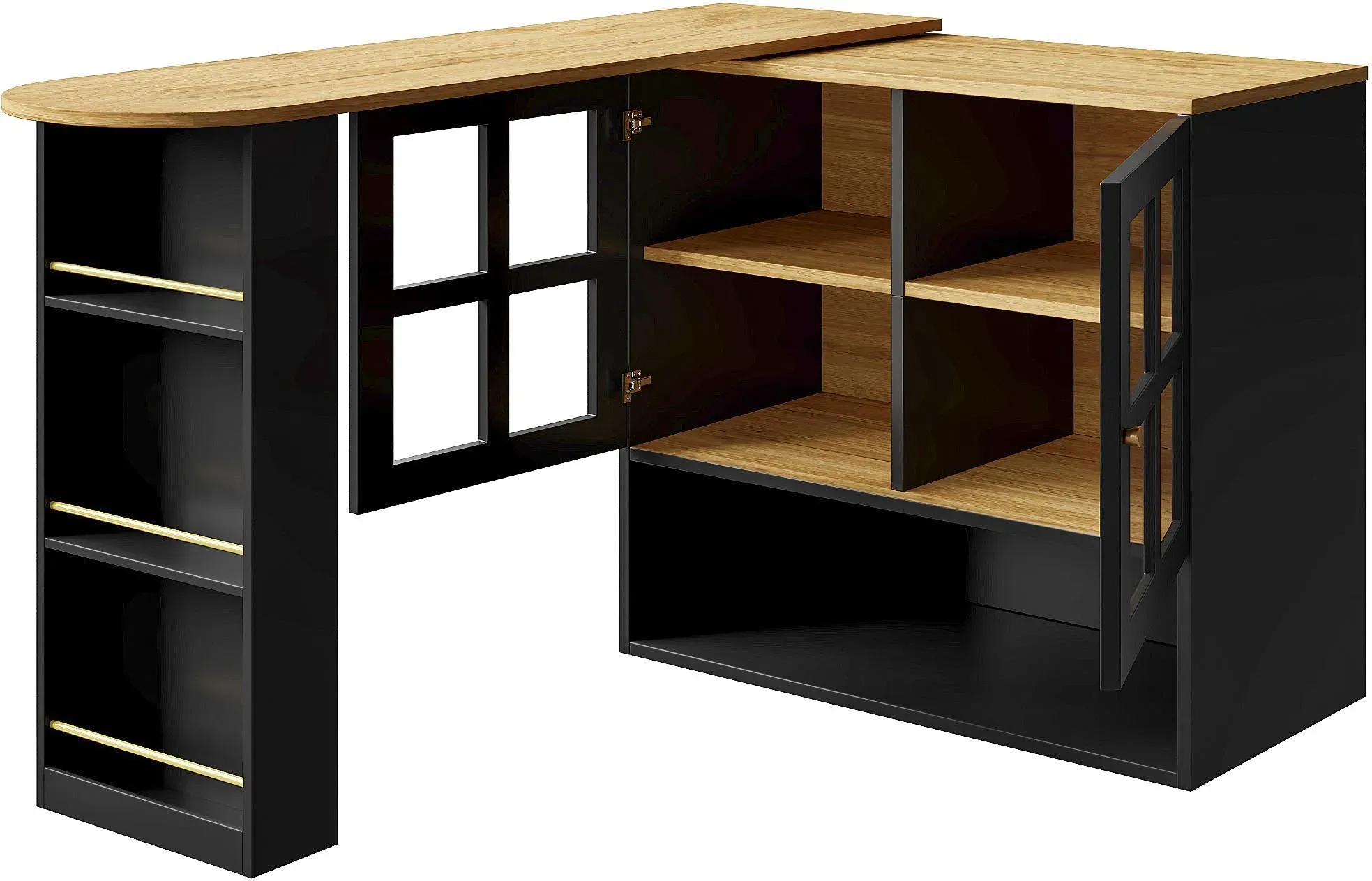 360° Drehbarer Essbar, mit Snackregal und 5 Ablageflächen, 138-204x39x102,5 cm, Schwarz