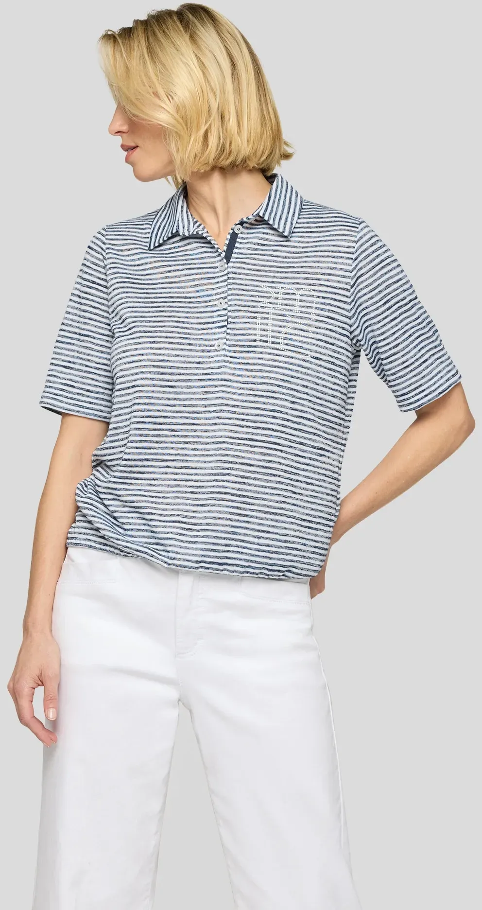Poloshirt RABE, Damen, Gr. 46, blau (pazifik), Web, Obermaterial: 54% Viskose, 46% Polyester, geringelt, normal hüftbedeckend, Rundhals, Shirts, im Ringel-Look
