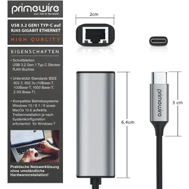 Primewire Netzwerkadapter USB 3.2 Typ C auf RJ45 Buchse LAN Adapter mit USB Typ C