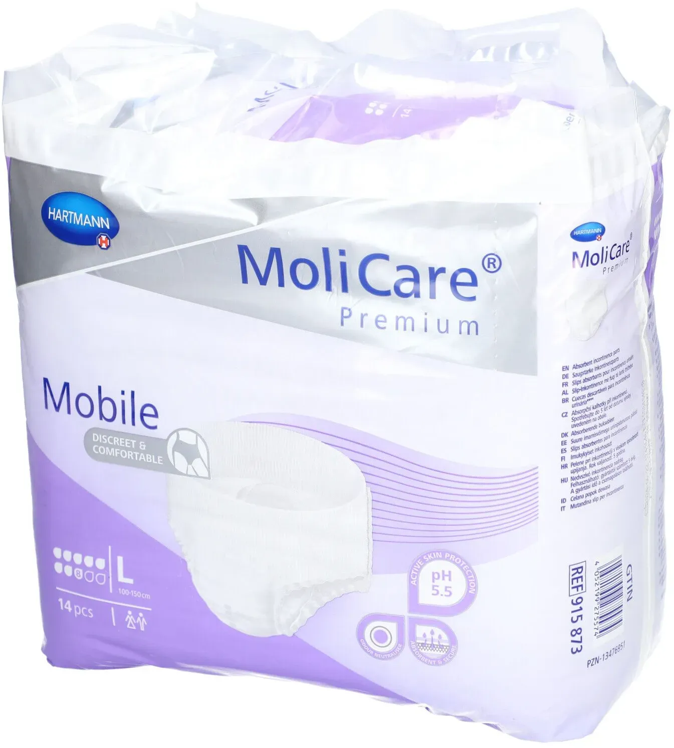 MoliCare Premium Mobile 8 Tropfen Gr. L ist eine Einweghose, bei der Einlage und Höschen in einem Produkt vereint sind