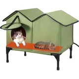 Beheiztes Katzenhaus, faltbares Katzenhaus für Wildkatzen, Katzenhaus Outdoor Winterfest Wasserdicht mit erhöhtem Sockel, Gemeinschaftskatzen und kleine Hunde (Grün)