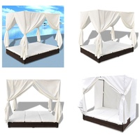 vidaXL Outdoor Loungebett mit Vorhang Poly Rattan Braun - Sonnenliege - Sonnenliegen - Liegestuhl - Liegestühle