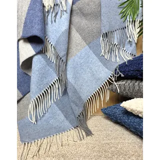 STTS International Kaschmir Decke Wolldecke Wohndecke 100% Merinowolle - Kaschmir - Mix 140 x 200 cm sehr weiches Plaid Kuscheldecke Faro (Karo Grau-Blau-Hellblau)