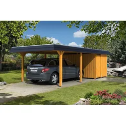 Skan Holz Walmdach Carport Breite 409cm mit Abstellraum eiche hell Holzcarport