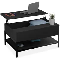 Relaxdays Couchtisch aufklappbar, mit Ablage, Wohnzimmertisch mit Stauraum, Holzoptik,