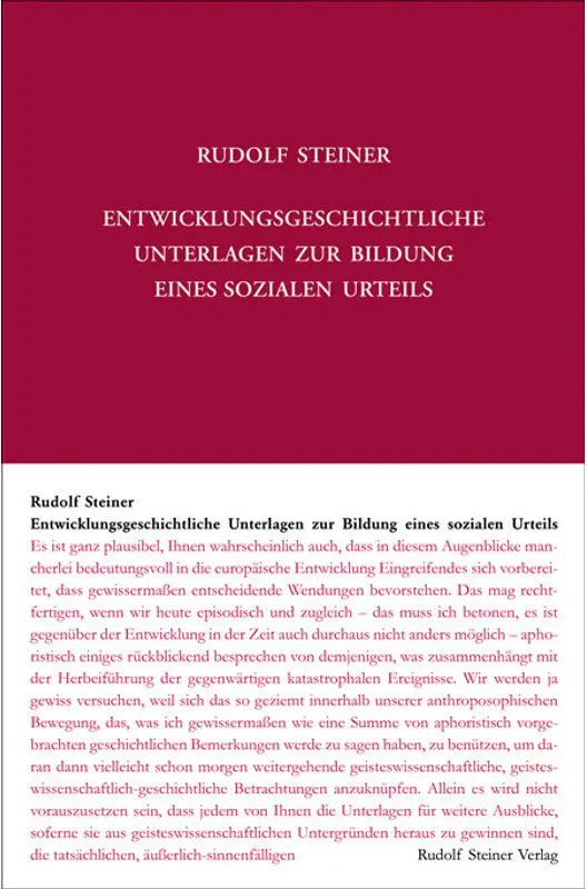 Rudolf Steiner Gesamtausgabe / 185A / Entwicklungsgeschichtliche Unterlagen Zur Bildung Eines Sozialen Urteils - Rudolf Steiner, Gebunden