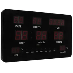 Perel Wanduhr mit LED-Display, digital, Thermometer, Hygrometer, Schwarz, Rot