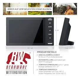 Bearware Funkwetterstation Innen und Außen mit Außensensor - DCF Signal Funkuhr - Farbdisplay - Thermometer - Hygrometer