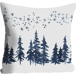 Dekokissen QUEENCE "Kathi", blau (blau, weiß, bedruckt), B:40cm L:40cm, Polyester, Dekokissen_Sitzkissen_Kissenhüllen, Kissenhülle,Tannenbäume,Weißer Hintergrund,Wasserfarben,Blau