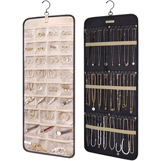 bagsmart Schmuck-Organizer zum Aufhängen, Aufbewahrungsrolle mit Aufhänger, Metallhaken, Doppelseitiger Schmuckhalter für Ohrringe, Halsketten, Ringe an Schrank, Wand, Tür, 1 Stück, Medium, Schwarz