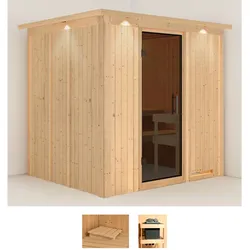 Sauna KARIBU "Dima", beige (naturbelassen), ohne Ofen, (ohne Ofen), Saunen, ohne Ofen