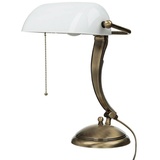 Licht-Erlebnisse Bankerlampe mit Zugschalter aus Messing Glas in Bronze Weiß Premium Schreibtischlampe Tischleuchte