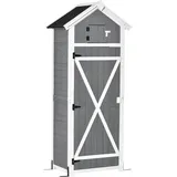 Outsunny Gartenschrank Holz, Geräteschuppen Wetterfest 78x52,5x182cm, Gerätehaus Mit Tür, Satteldach, Geräteschrank Mit Haken, Faltbar Tisch, Werkzeugschrank Gartenschuppen Für Garten, Terrasse, Grau